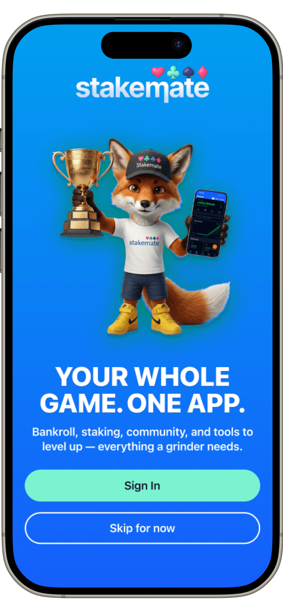 Stakemate welcome screen introducing bankroll, staking, community, and tools