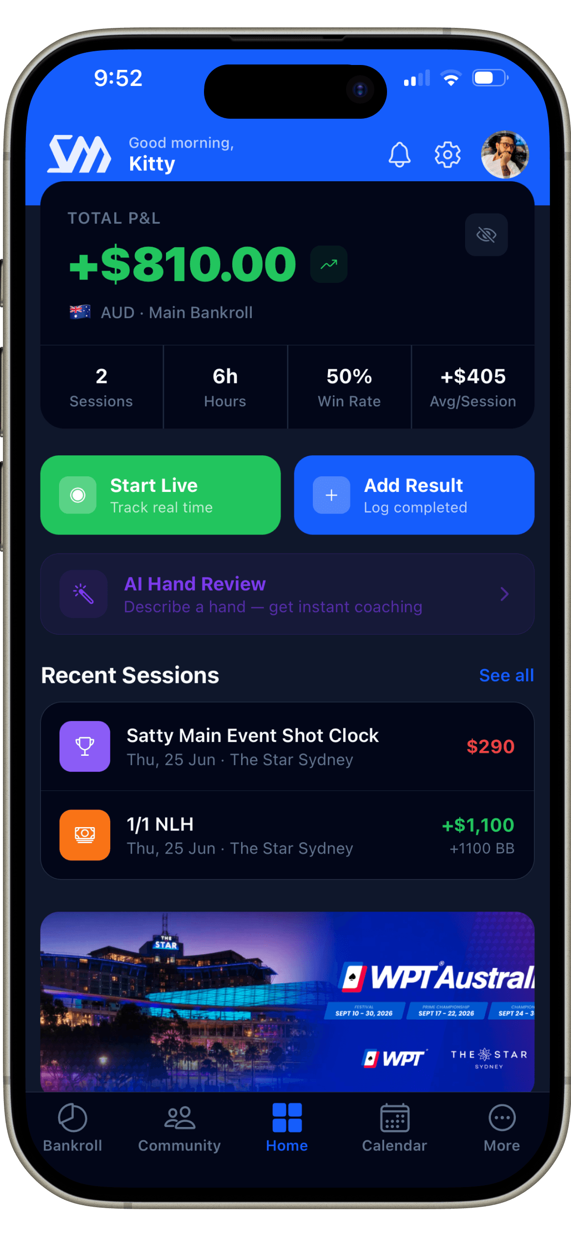 StakeMate dashboard showing total P&L and quick actions