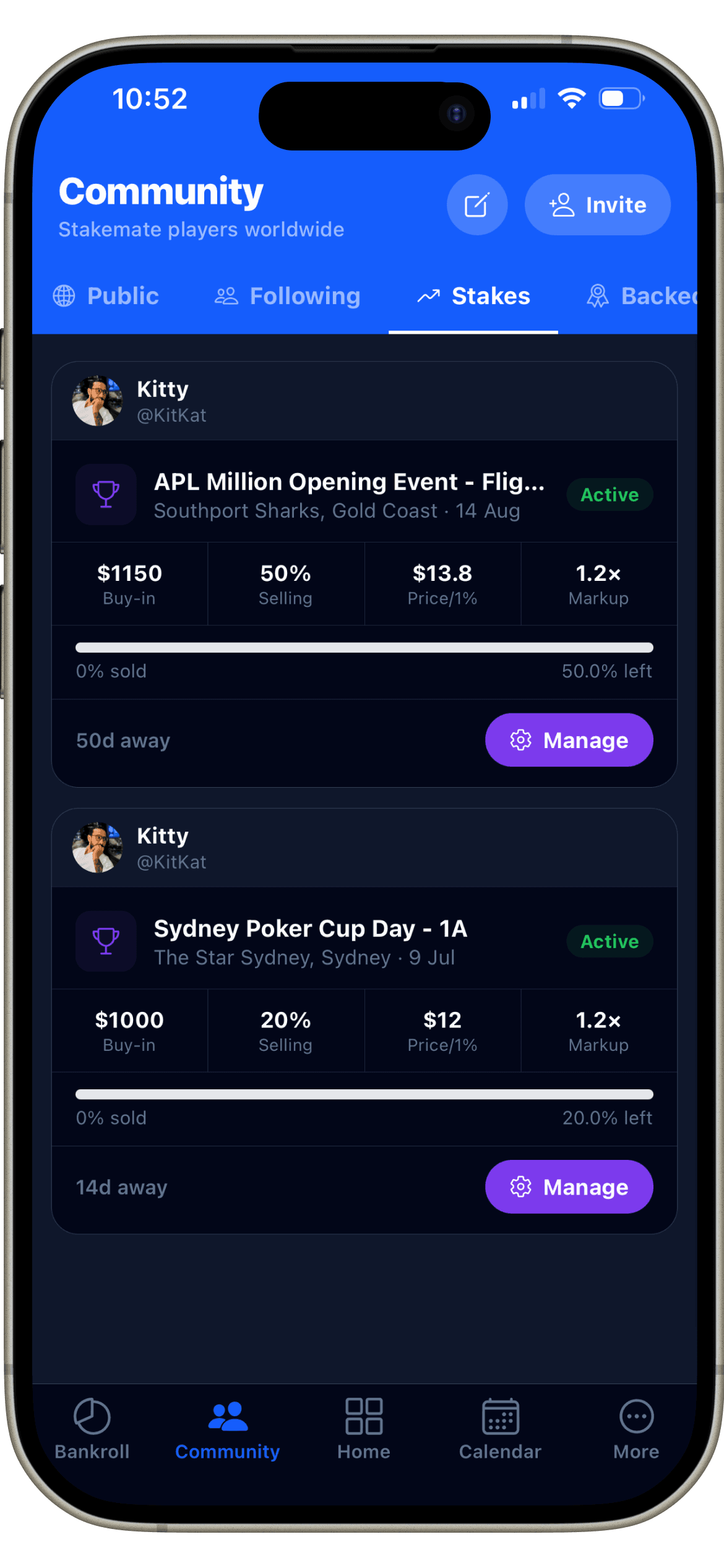 Stakemate staking marketplace showing active listings and sale progress