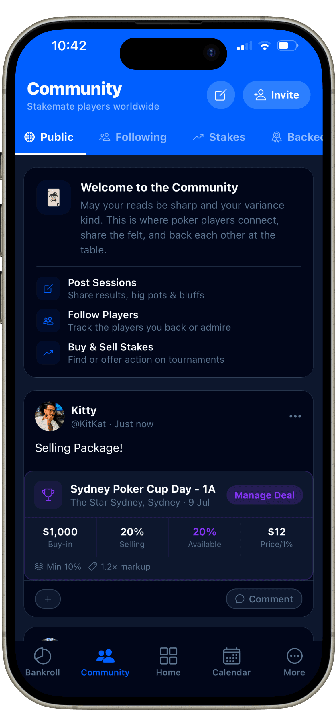 Community feed showing a staking listing embedded in a post