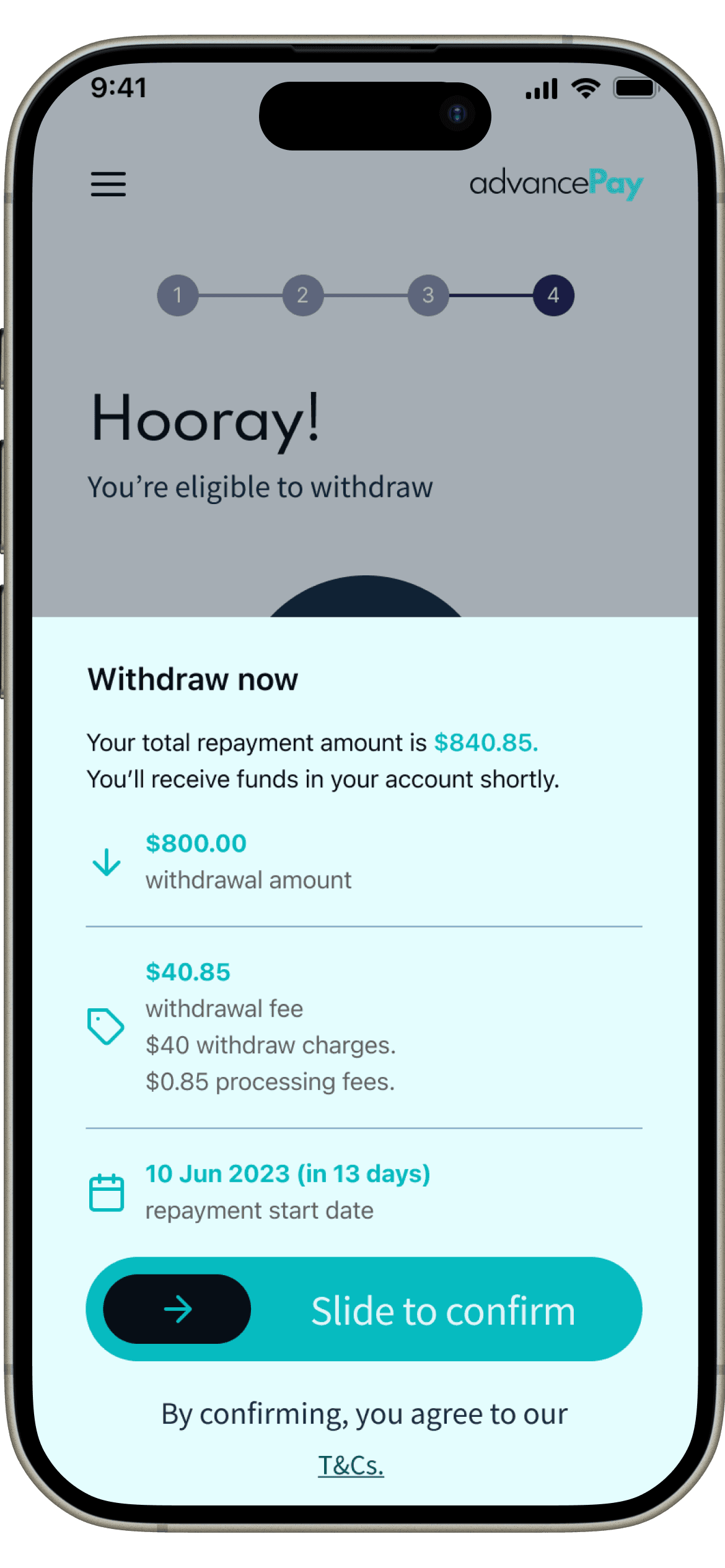 Confirm withdrawal screen itemising fees before commit